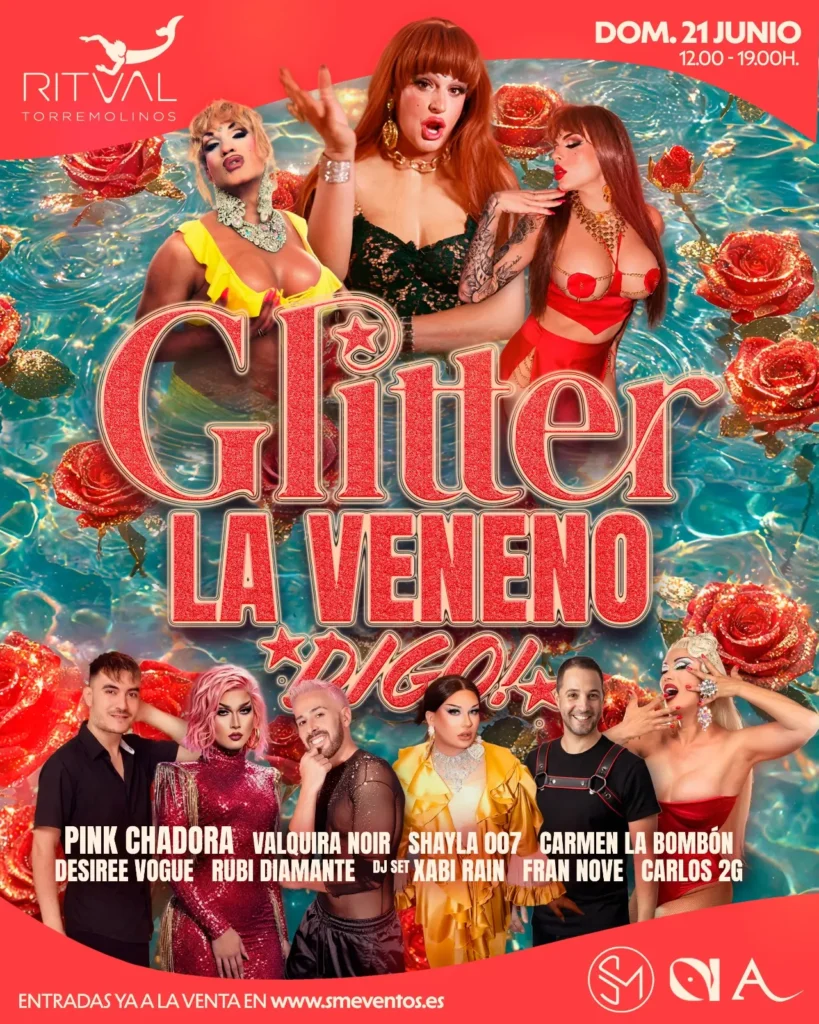 Fiesta gay en Torremolinos Glitter La Veneno Pool Party en Hotel Ritual con artistas drag, piscina y música en directo